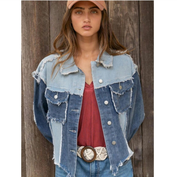 POL colorblock patch denim jacket blue medium - Picture 1 of 4